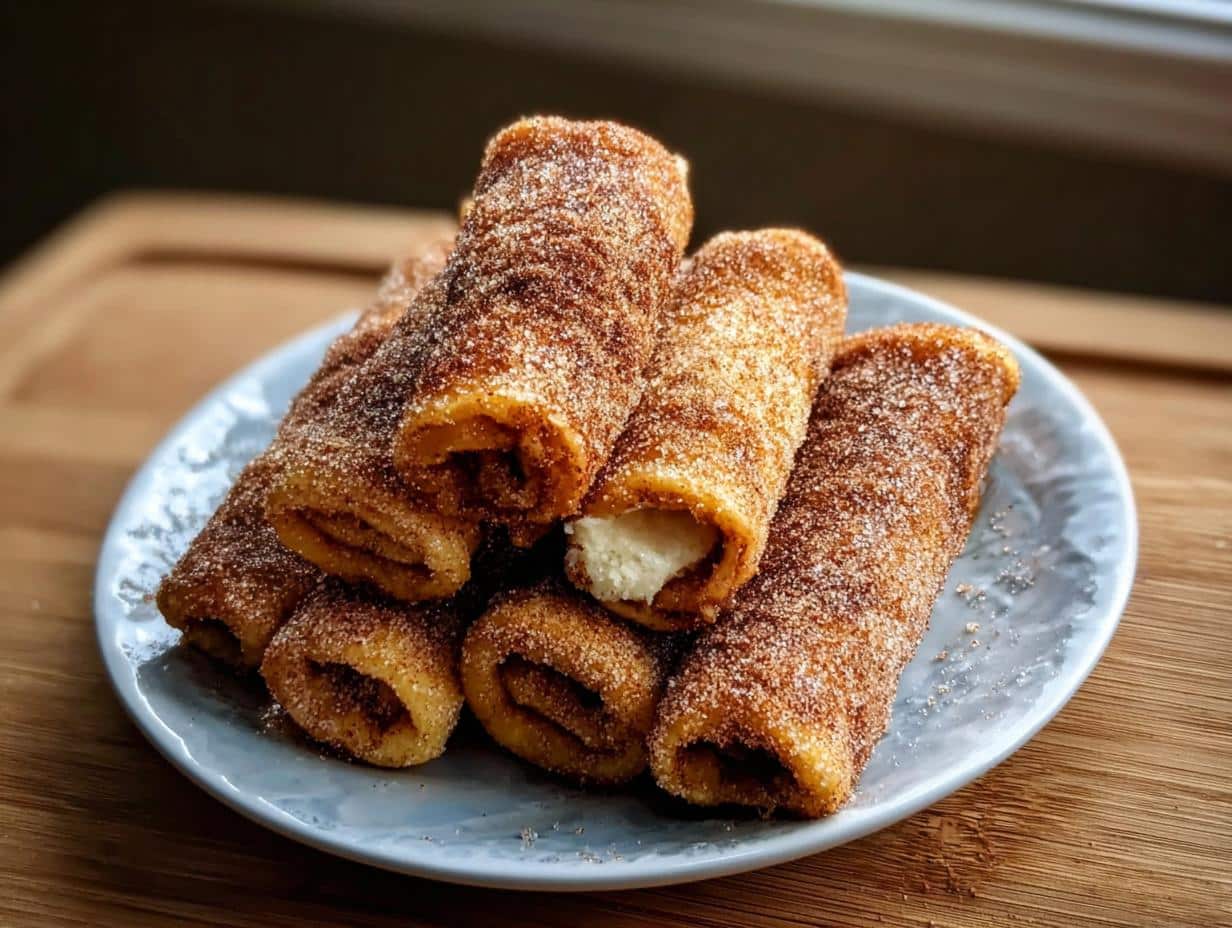 A stack of golden brown Cinnamon Sugar French Toast Rollups coated in cinnamon sugar, resting on a light blue plate.