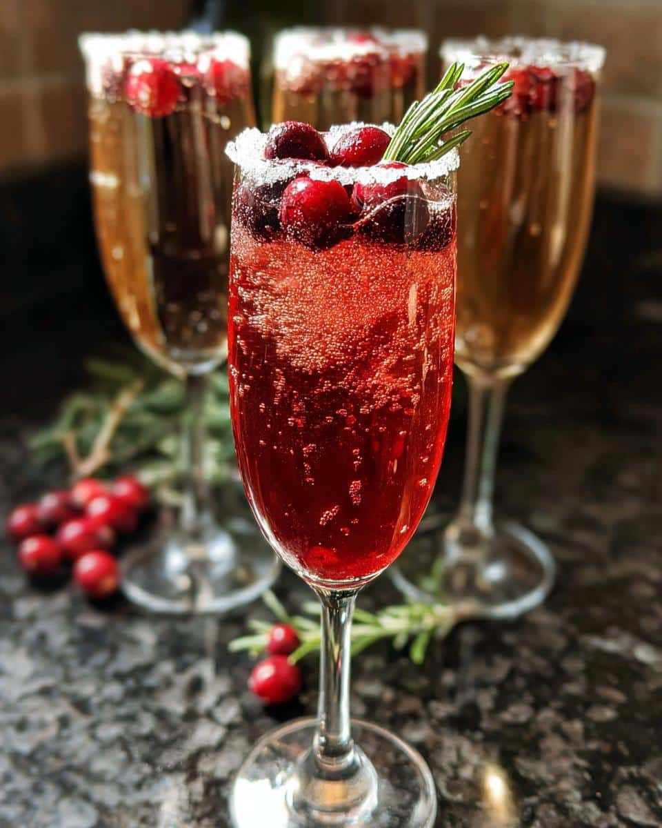 A sparkling Cranberry Mimosa cocktail with sugared rim, cranberries, and rosemary garnish in a champagne flute.