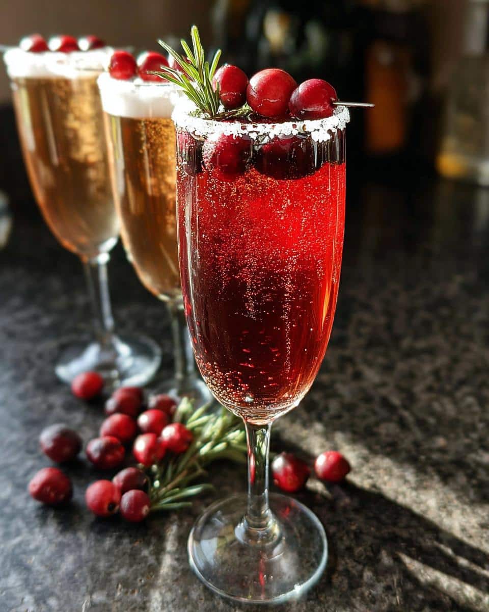 Three glasses of Cranberry Mimosa, garnished with cranberries and rosemary, on a dark surface.