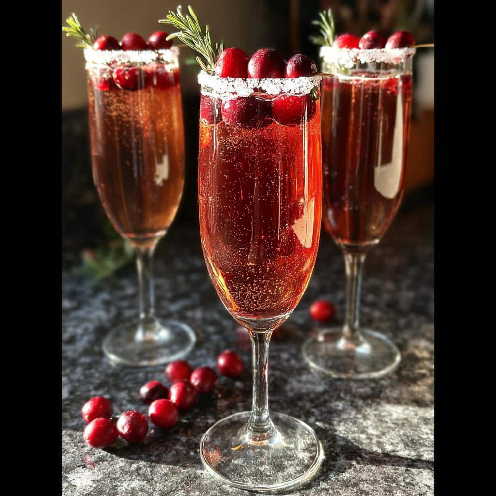 Three cranberry mimosa cocktails in champagne flutes, garnished with cranberries and rosemary.