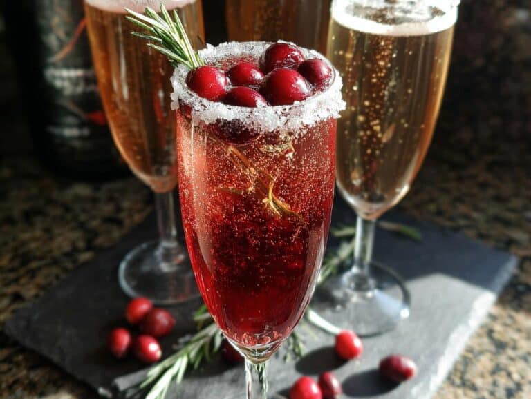 A festive Cranberry Mimosa with a sugar-coated rim, cranberries, and a rosemary sprig garnish.