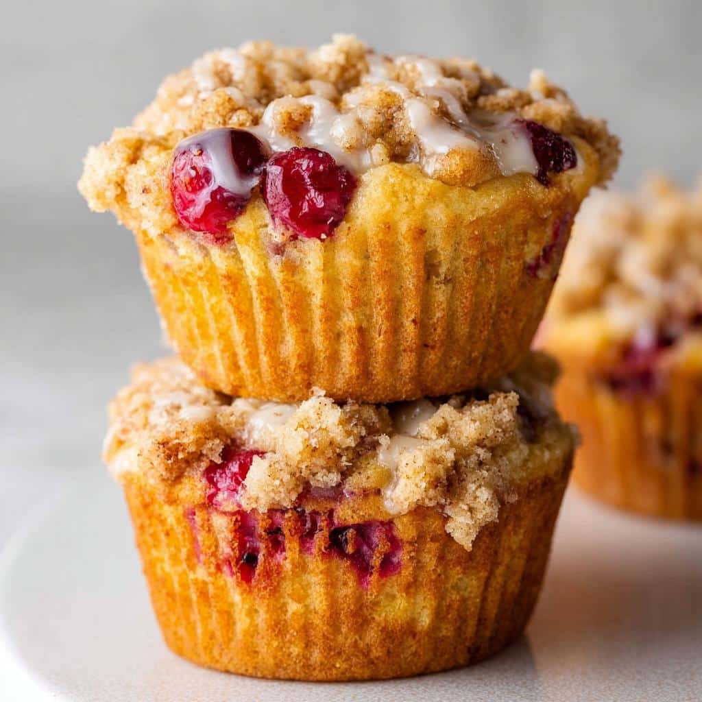 Two stacked Cranberry Orange Muffins with a crumble topping and glaze, showcasing the fresh cranberries.