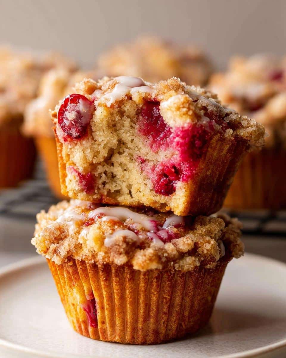 Two stacked Cranberry Orange Muffins with a crumble topping and glaze on a plate, one muffin with a bite taken.