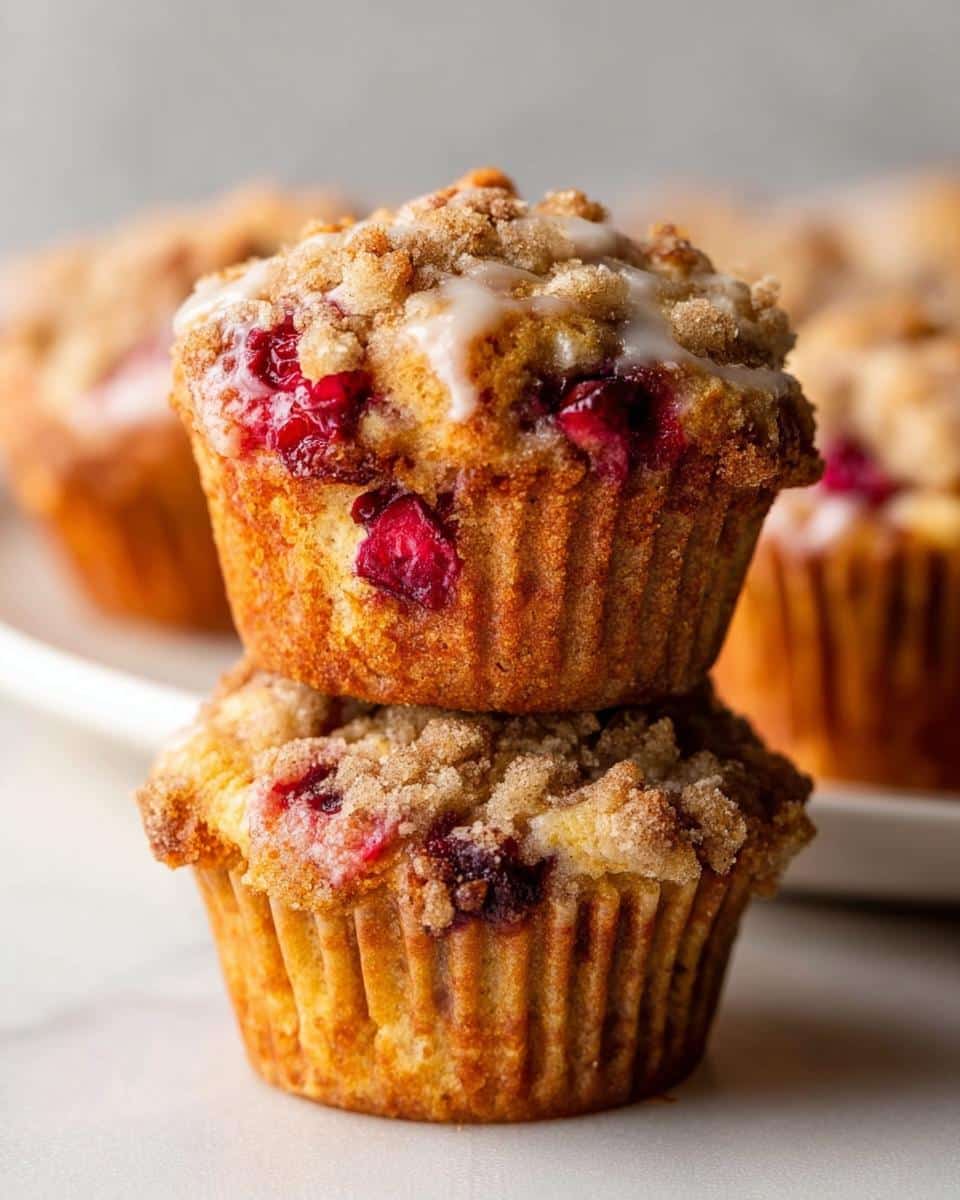 Two stacked Cranberry Orange Muffins, showcasing their crumb topping and cranberry pieces.