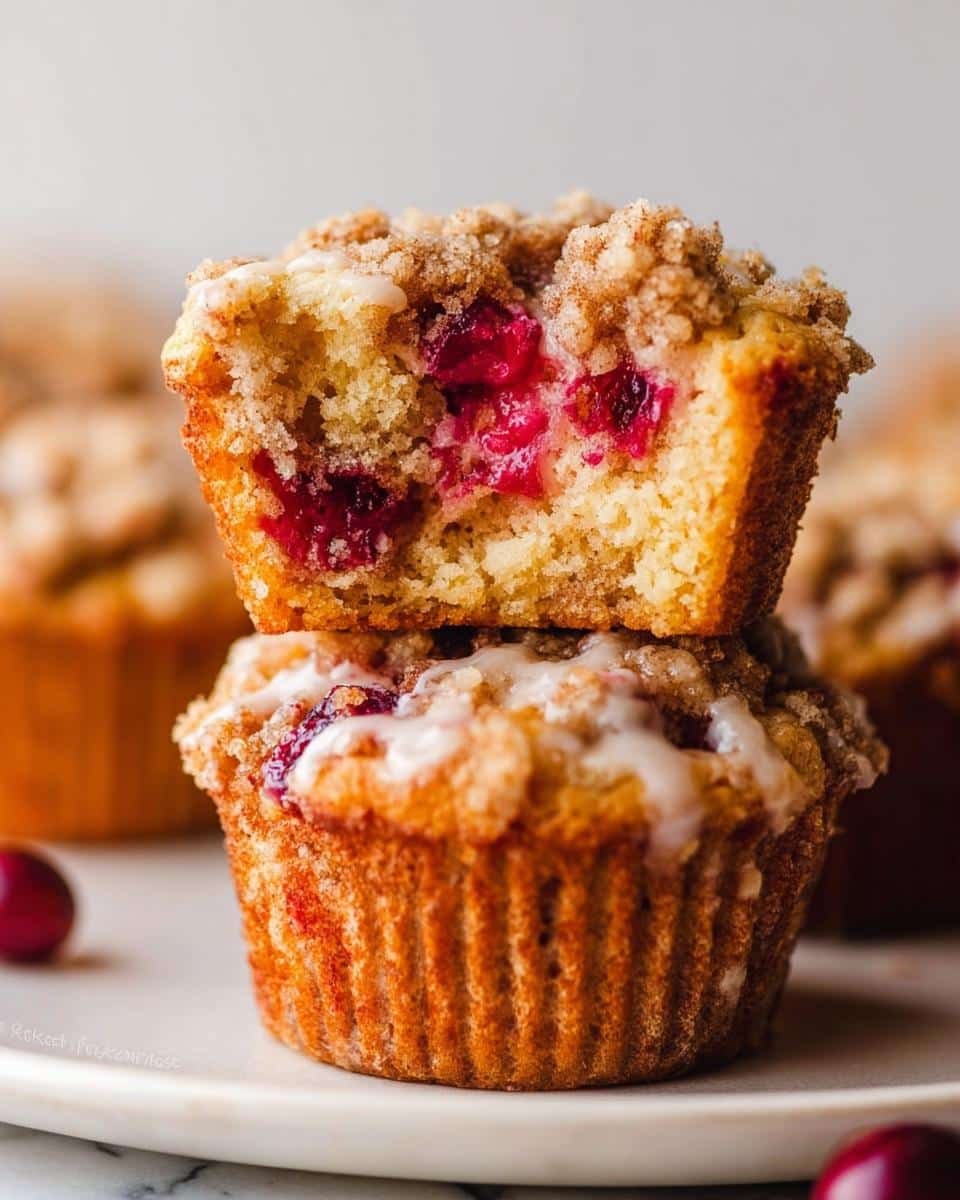 Two Cranberry Orange Muffins stacked, showcasing the cranberry filling and crumble topping.
