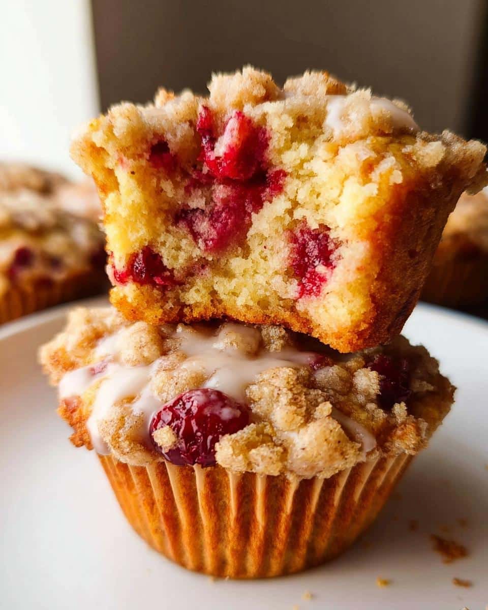 Two stacked cranberry orange muffins, the top one halved to show the cranberry filling.