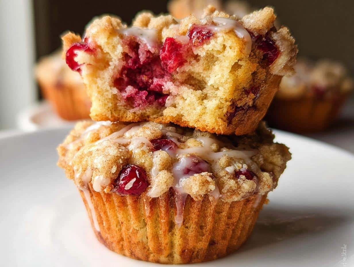 Two stacked Cranberry Orange Muffins, the top one broken open to show the cranberry filling and glaze.