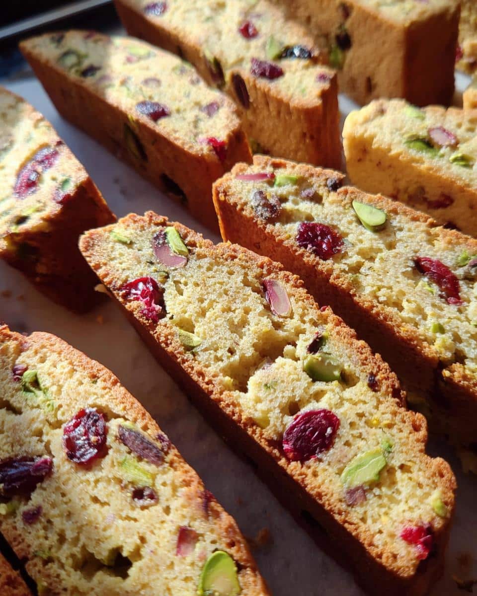 Close-up of sliced Cranberry Pistachio Biscotti, showing cranberries and pistachios within the baked treat.