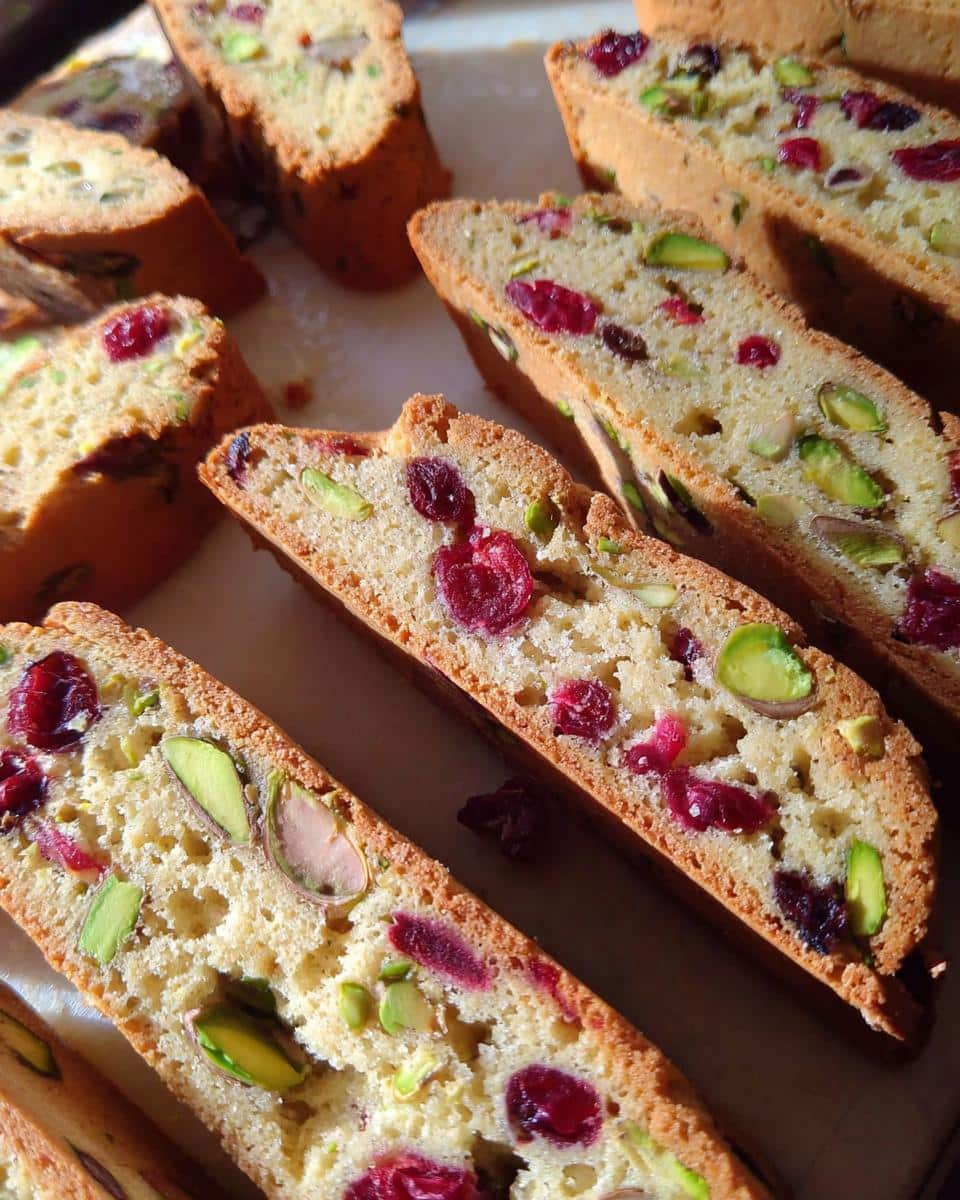 Close-up of sliced Cranberry Pistachio Biscotti, showing cranberries and pistachios within the cookie.