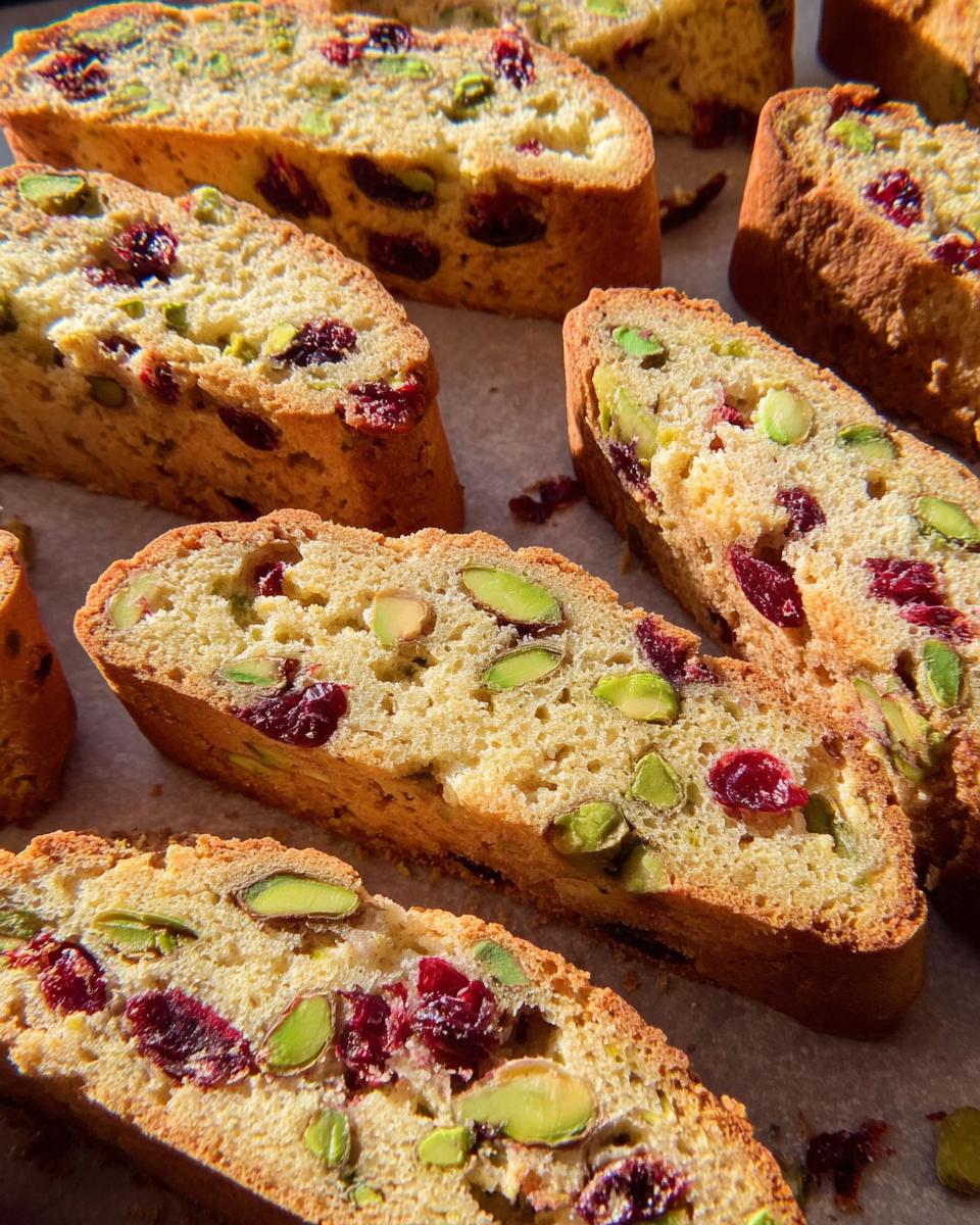Close-up of several slices of Cranberry Pistachio Biscotti, showcasing the cranberries and pistachios.