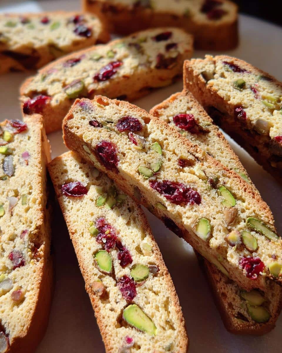 Close-up of homemade Cranberry Pistachio Biscotti, showcasing cranberries and pistachios.