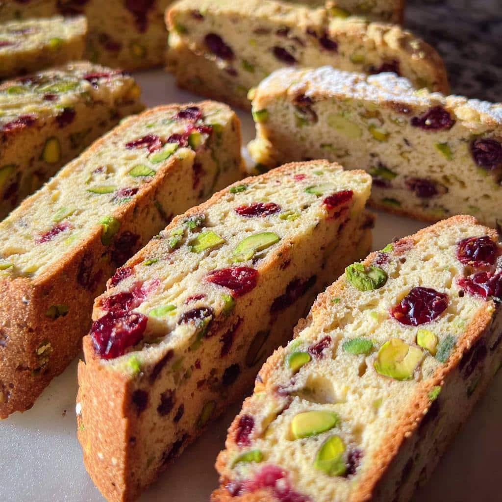 Close-up of several slices of Cranberry Pistachio Biscotti, showcasing the cranberries and pistachios.