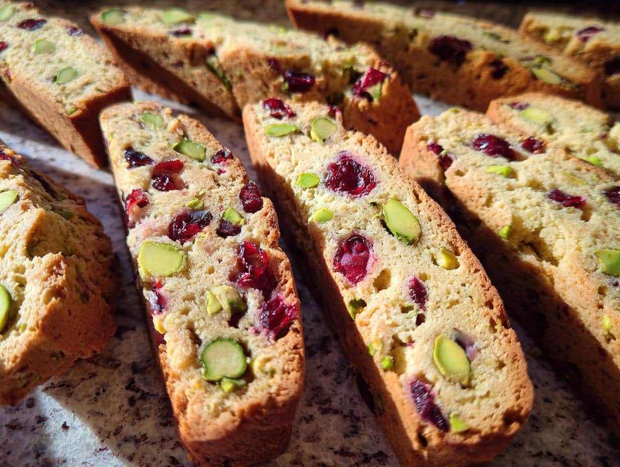 Close-up of homemade Cranberry Pistachio Biscotti, showing cranberries and pistachios baked inside.