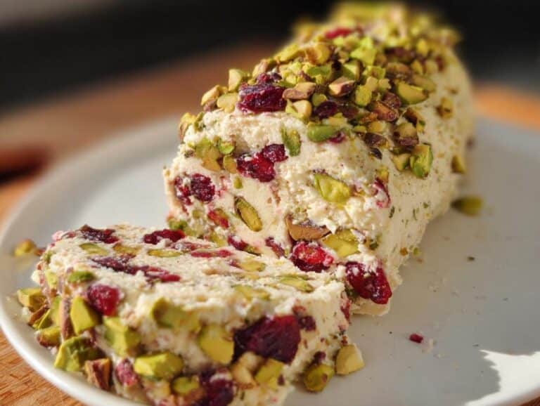 A slice cut from a festive Cranberry Pistachio Cheese Log, showing dried cranberries and chopped pistachios embedded in the cream cheese base.