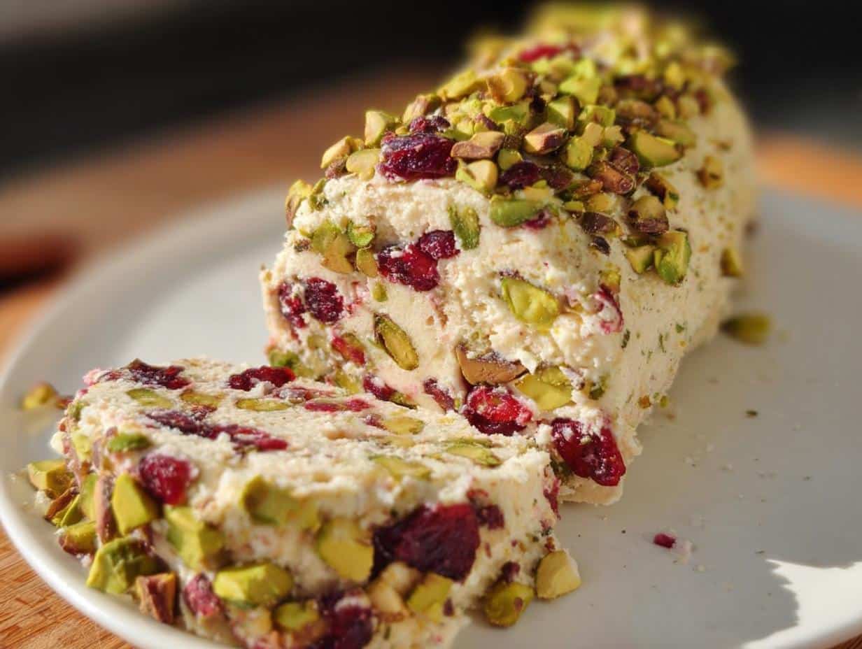 A slice cut from a festive Cranberry Pistachio Cheese Log, showing dried cranberries and chopped pistachios embedded in the cream cheese base.