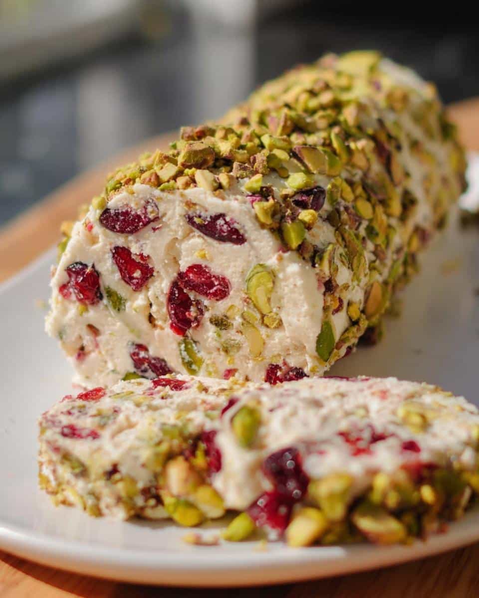 A close-up shot of a Cranberry Pistachio Cheese Log, coated in chopped pistachios, with one slice cut and resting in front.