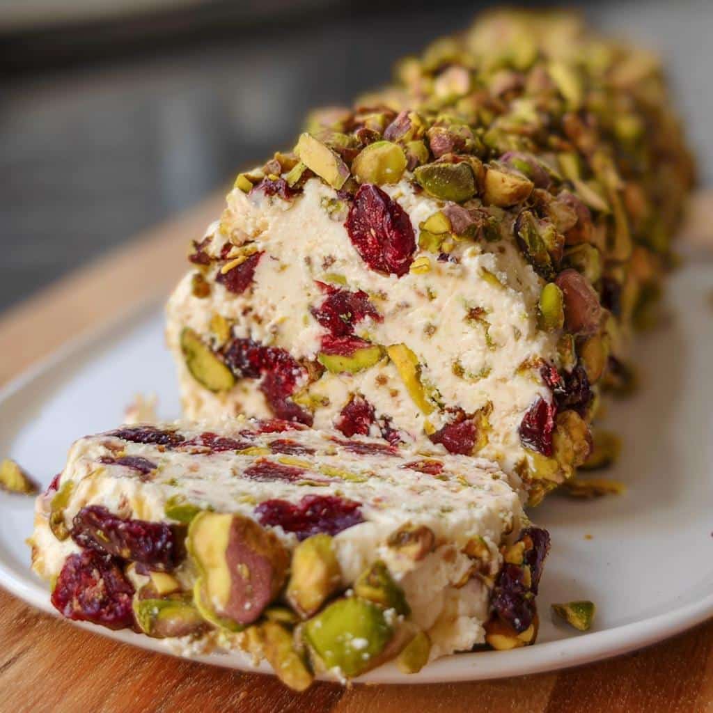 A close-up of a Cranberry Pistachio Cheese Log, featuring dried cranberries and green pistachios mixed into the cheese and coating the exterior.