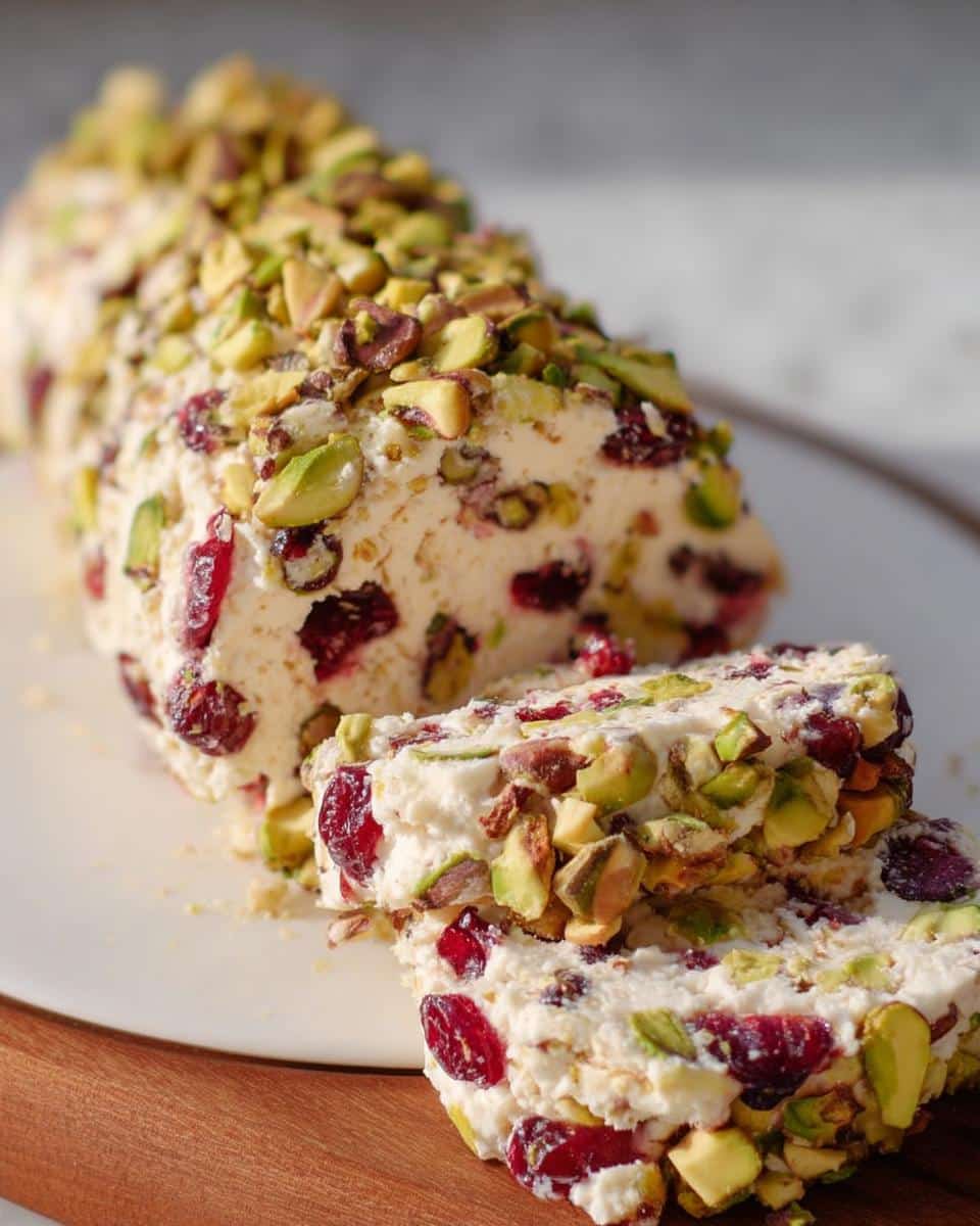 Close-up of a sliced Cranberry Pistachio Cheese Log coated in chopped pistachios and dried cranberries.