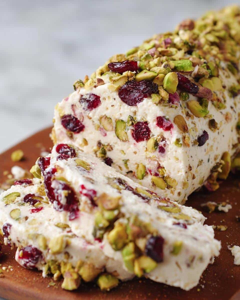Close-up of a Cranberry Pistachio Cheese Log, partially sliced, showing the creamy interior packed with cranberries and green pistachios.