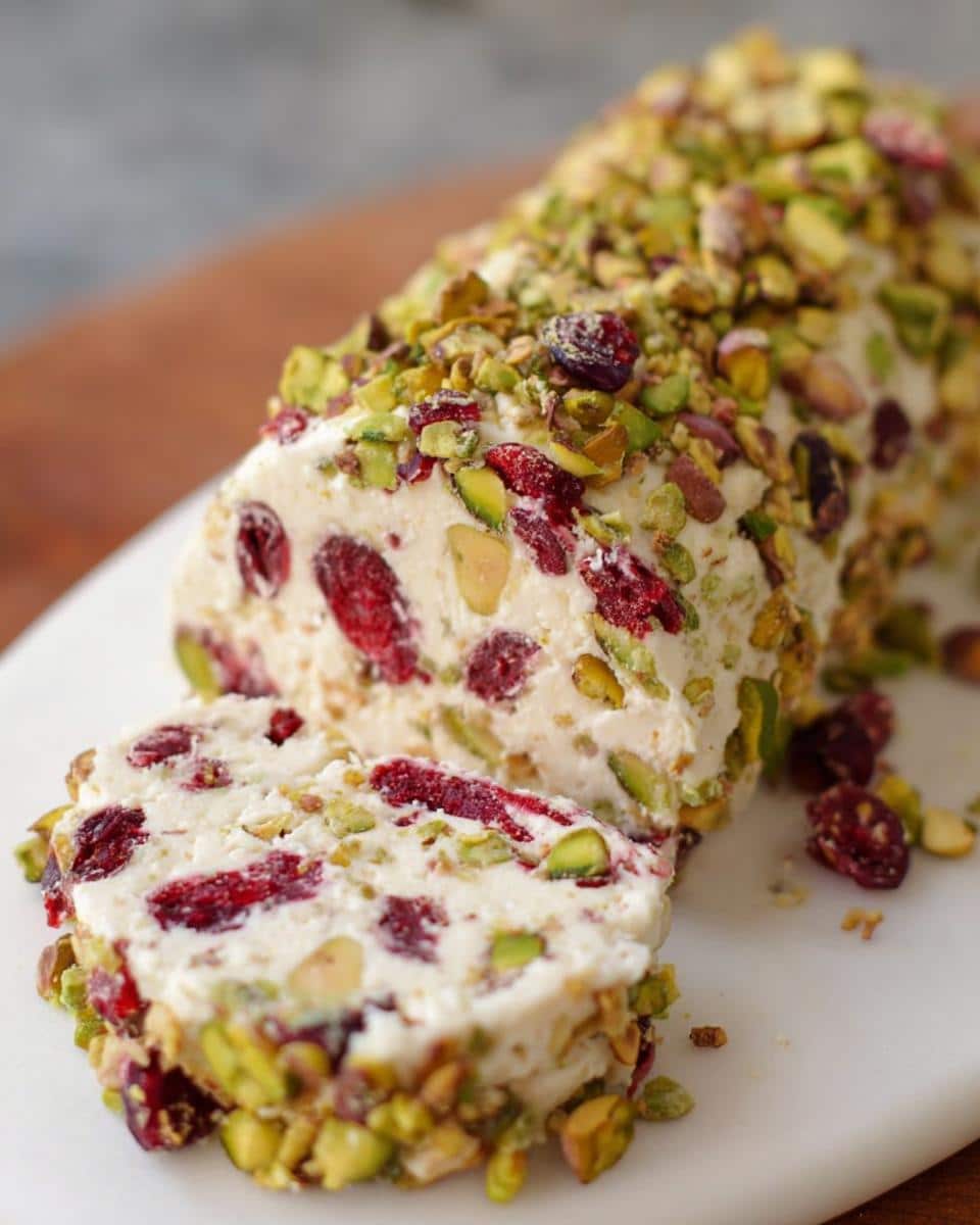 A close-up of a Cranberry Pistachio Cheese Log, showing the creamy interior studded with cranberries and pistachios, and coated in chopped nuts.