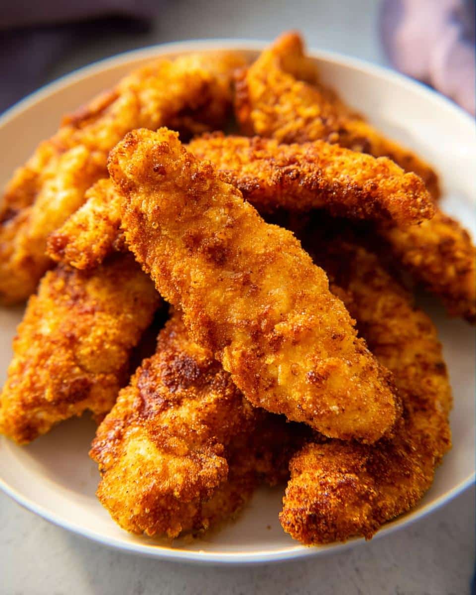 A close-up of several golden-brown, crispy Air Fryer Chicken Parmesan Strips piled high on a white plate.