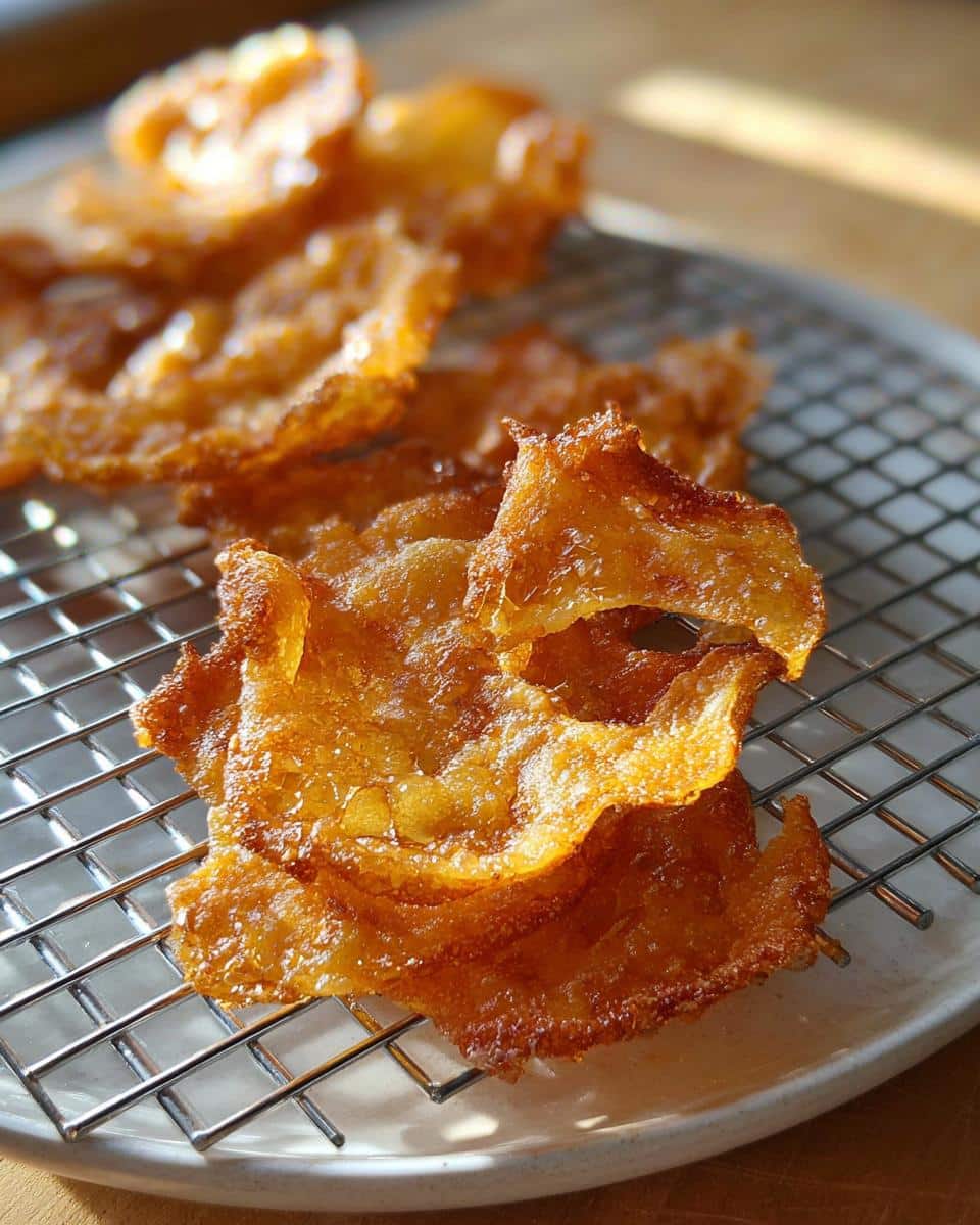 Close-up of golden brown, crispy Carnivore Chicken Skin Chips draining on a wire cooling rack.