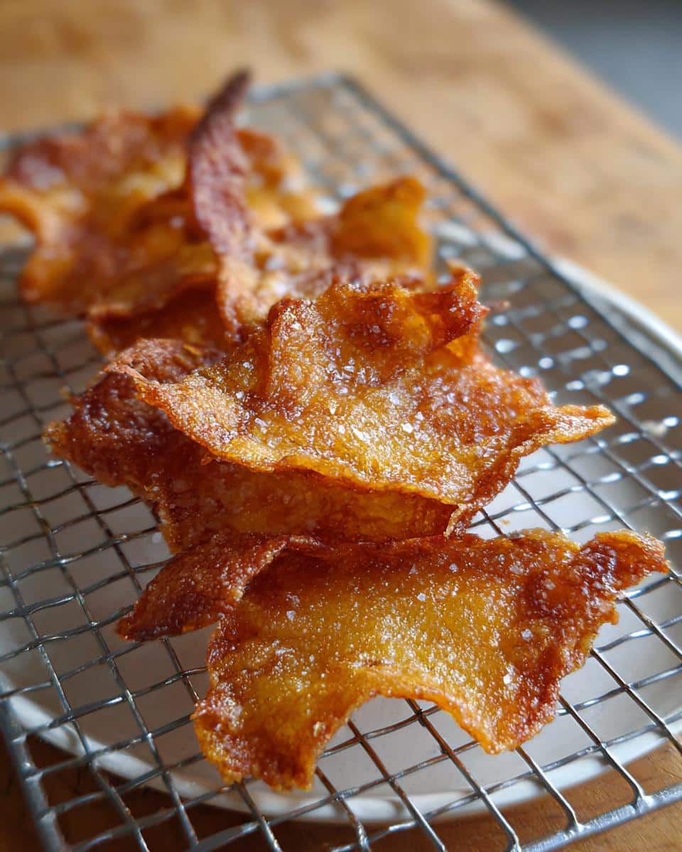 Close-up of crispy, golden-brown Carnivore Chicken Skin Chips sprinkled with sea salt on a wire cooling rack.