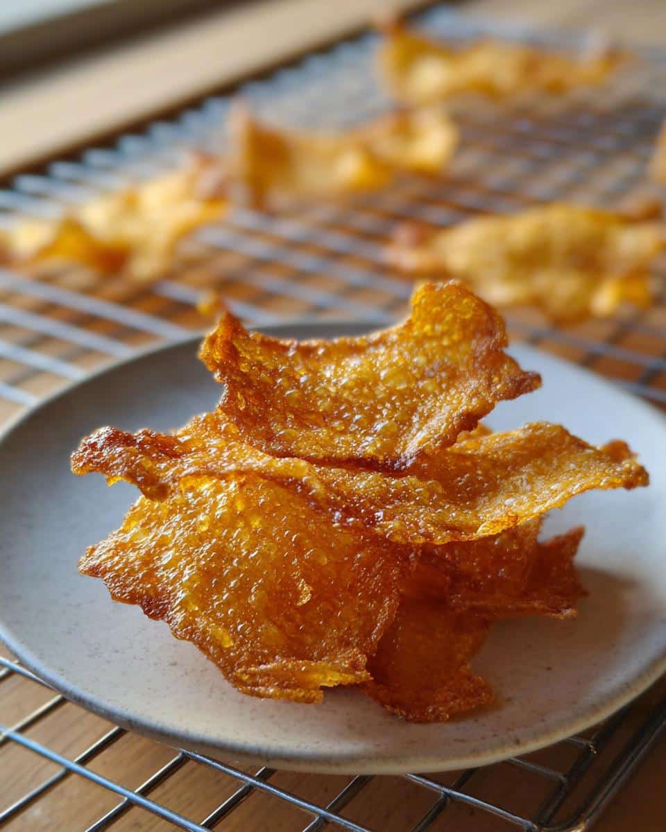 A stack of golden brown, crispy Carnivore Chicken Skin Chips resting on a small grey plate, cooling rack visible in the background.