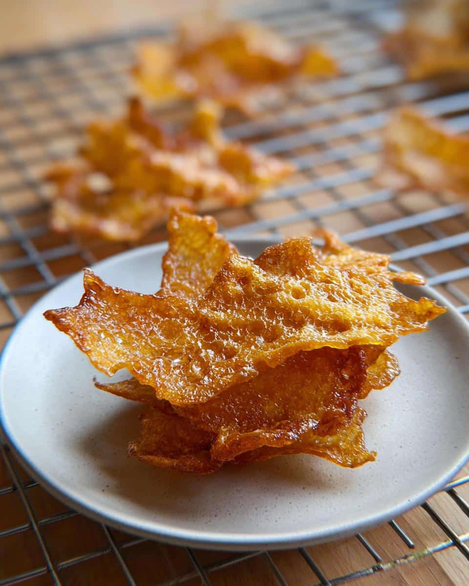 Close-up of crispy, golden brown Carnivore Chicken Skin Chips stacked on a small white plate.