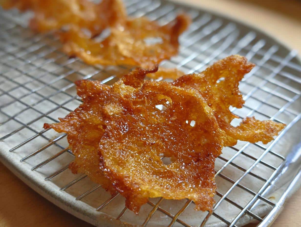 Close-up of golden brown, crispy Carnivore Chicken Skin Chips resting on a wire cooling rack.