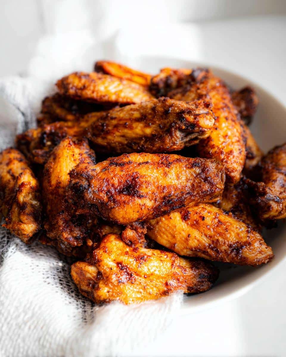 Close-up of perfectly cooked, crispy Carnivore Chicken Wings piled high in a white bowl lined with a white cloth.