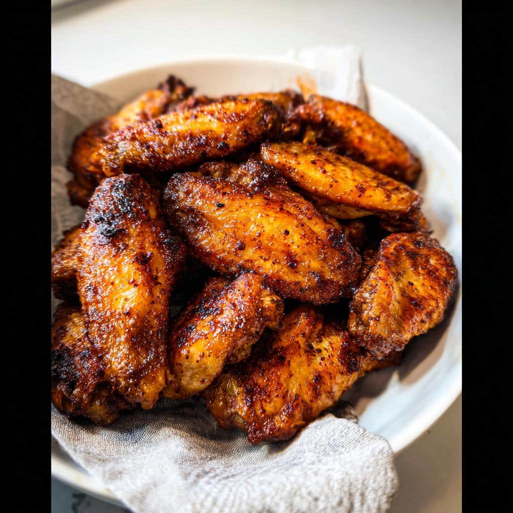 A close-up of perfectly cooked, crispy Carnivore Chicken Wings piled high in a white bowl.