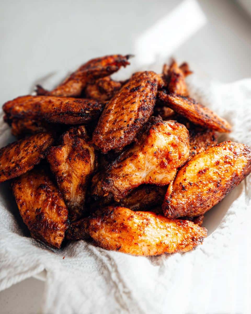 A pile of perfectly cooked, crispy Carnivore Chicken Wings resting on a white cloth.