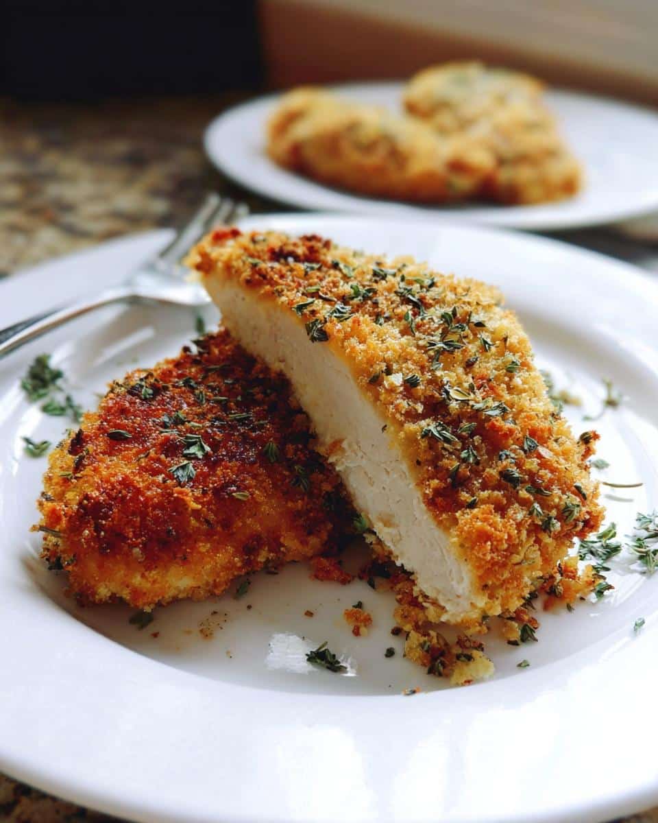 Close-up of Crispy Parmesan Chicken with Italian Herbs cut in half, showing juicy white meat and golden crust.