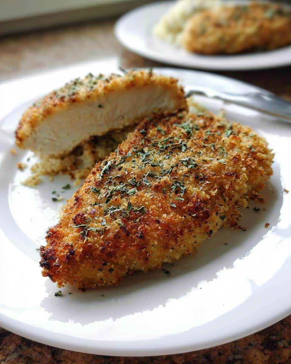 Two pieces of Crispy Parmesan Chicken with Italian Herbs on a white plate, one cut to show the juicy white interior.