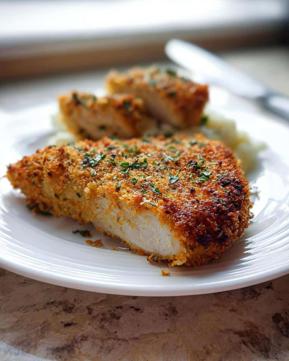 A close-up of Crispy Parmesan Chicken with Italian Herbs, showing the golden brown crust and white interior.