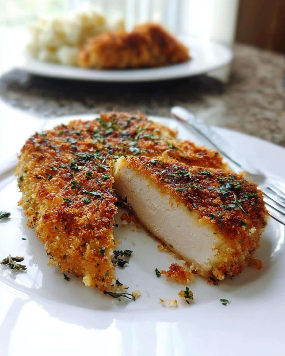 A close-up of Crispy Parmesan Chicken with Italian Herbs, sliced to show the juicy white interior and golden crust.