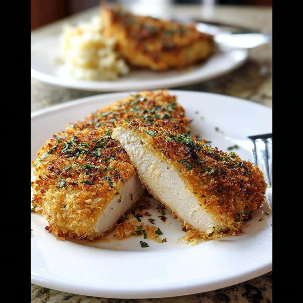 A close-up of Crispy Parmesan Chicken with Italian Herbs, sliced to show the juicy white meat inside the golden crust.