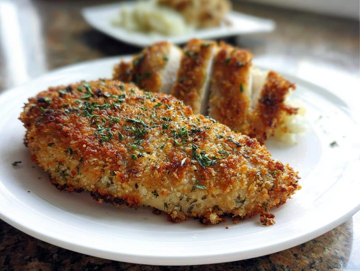 Close-up of golden brown Crispy Parmesan Chicken with Italian Herbs, garnished with parsley, served on a white plate.