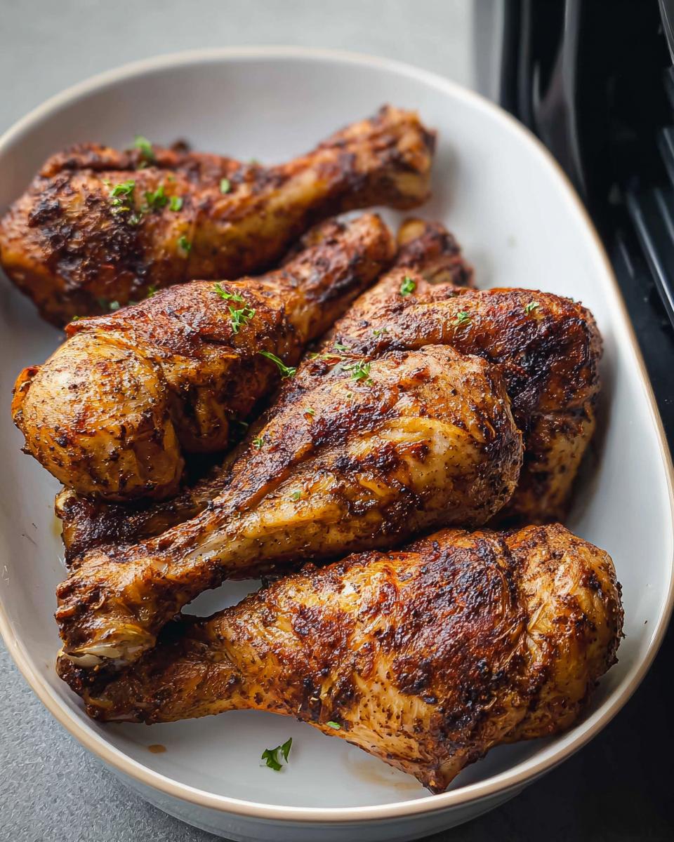 A close-up of perfectly cooked Crispy Skin Air Fryer Drumsticks seasoned with spices, served in a white bowl.
