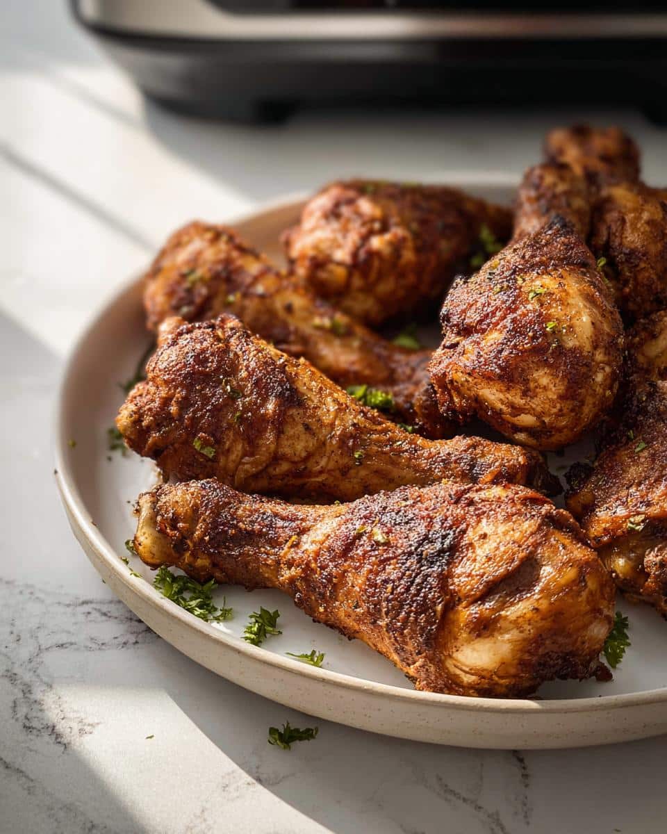 A plate piled high with perfectly cooked Crispy Skin Air Fryer Drumsticks, seasoned and garnished with parsley.