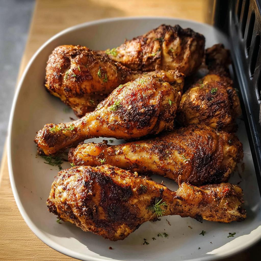 A plate of perfectly cooked Crispy Skin Air Fryer Drumsticks with dark, seasoned, and crispy skin, garnished with herbs.