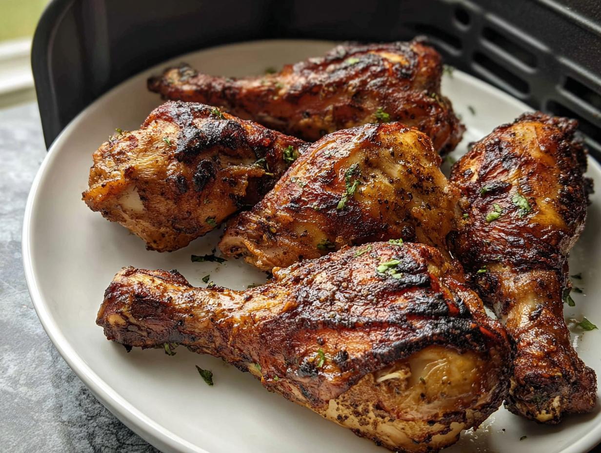 Five perfectly cooked Crispy Skin Air Fryer Drumsticks with dark, seasoned, crispy skin on a white plate.