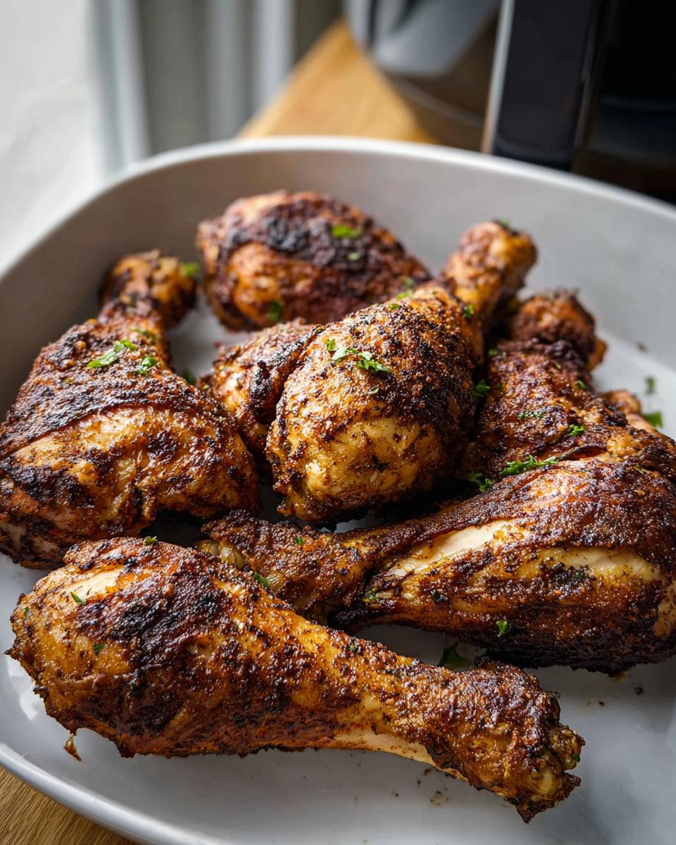 A platter piled high with perfectly cooked Crispy Skin Air Fryer Drumsticks seasoned with dark spices.