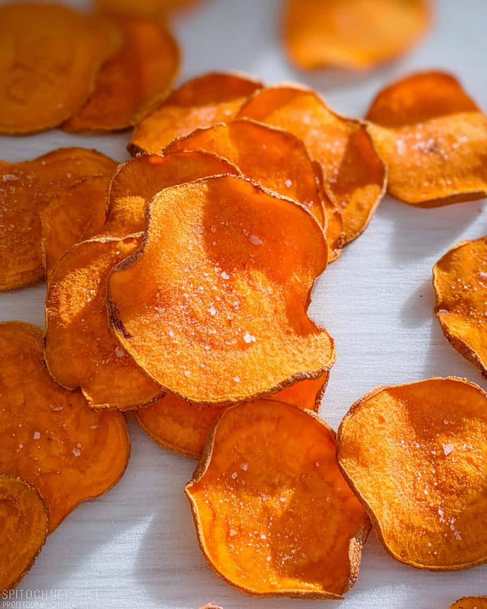 Close-up of bright orange, thinly sliced, crispy sweet potato chips sprinkled with coarse salt.