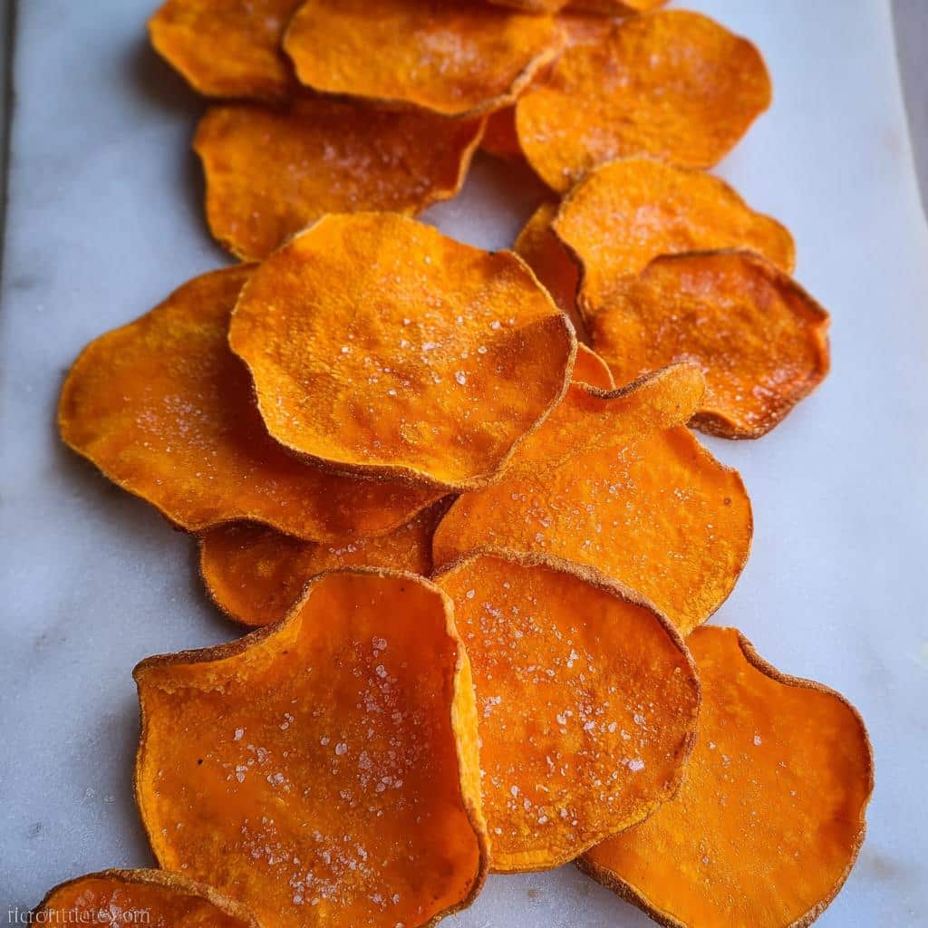 A pile of bright orange, thinly sliced, and slightly salted Crispy Sweet Potato Chips for Kids.