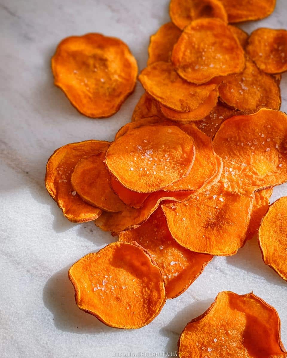 Close-up overhead shot of bright orange, crispy sweet potato chips sprinkled with sea salt on a white marble surface.