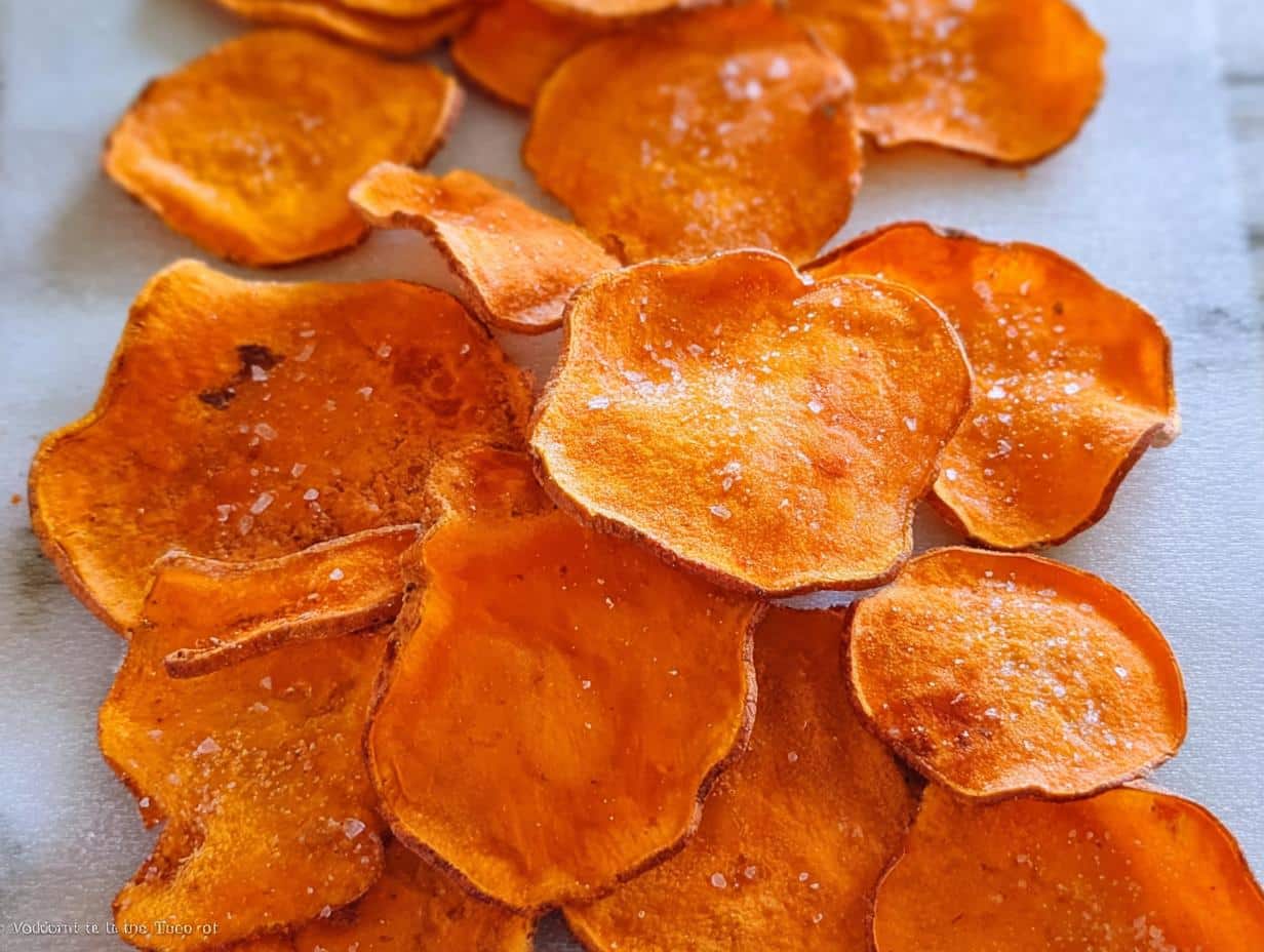 Close-up of bright orange, thin, crispy sweet potato chips sprinkled with coarse sea salt.