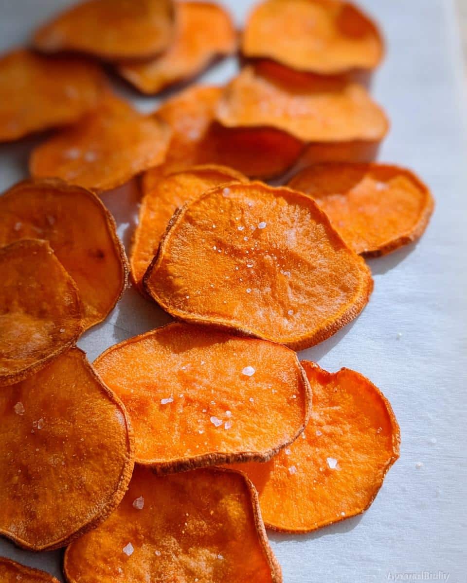 Close-up of bright orange, thin, crispy sweet potato chips sprinkled with coarse salt.