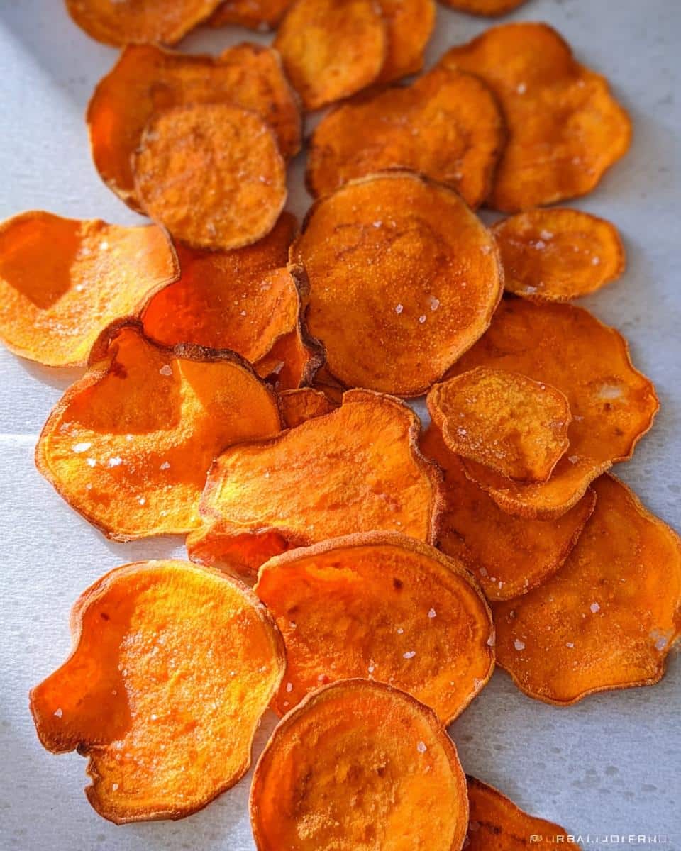 A pile of bright orange, thinly sliced, crispy sweet potato chips sprinkled with coarse salt.